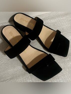 Stuart Weitzman Maisie 35 Black Suede Block Heel Sandals - Square Toe